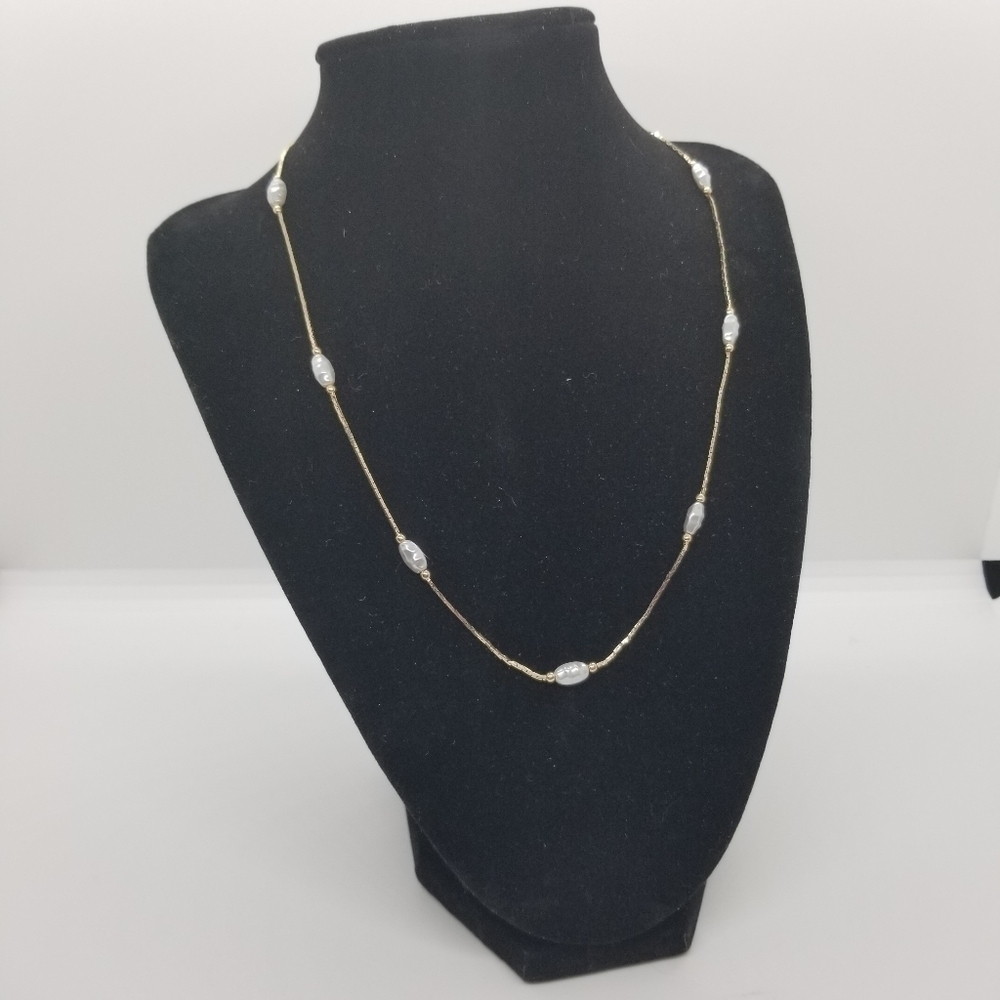 Vintage gold tone necklace with gray faux pearl stations